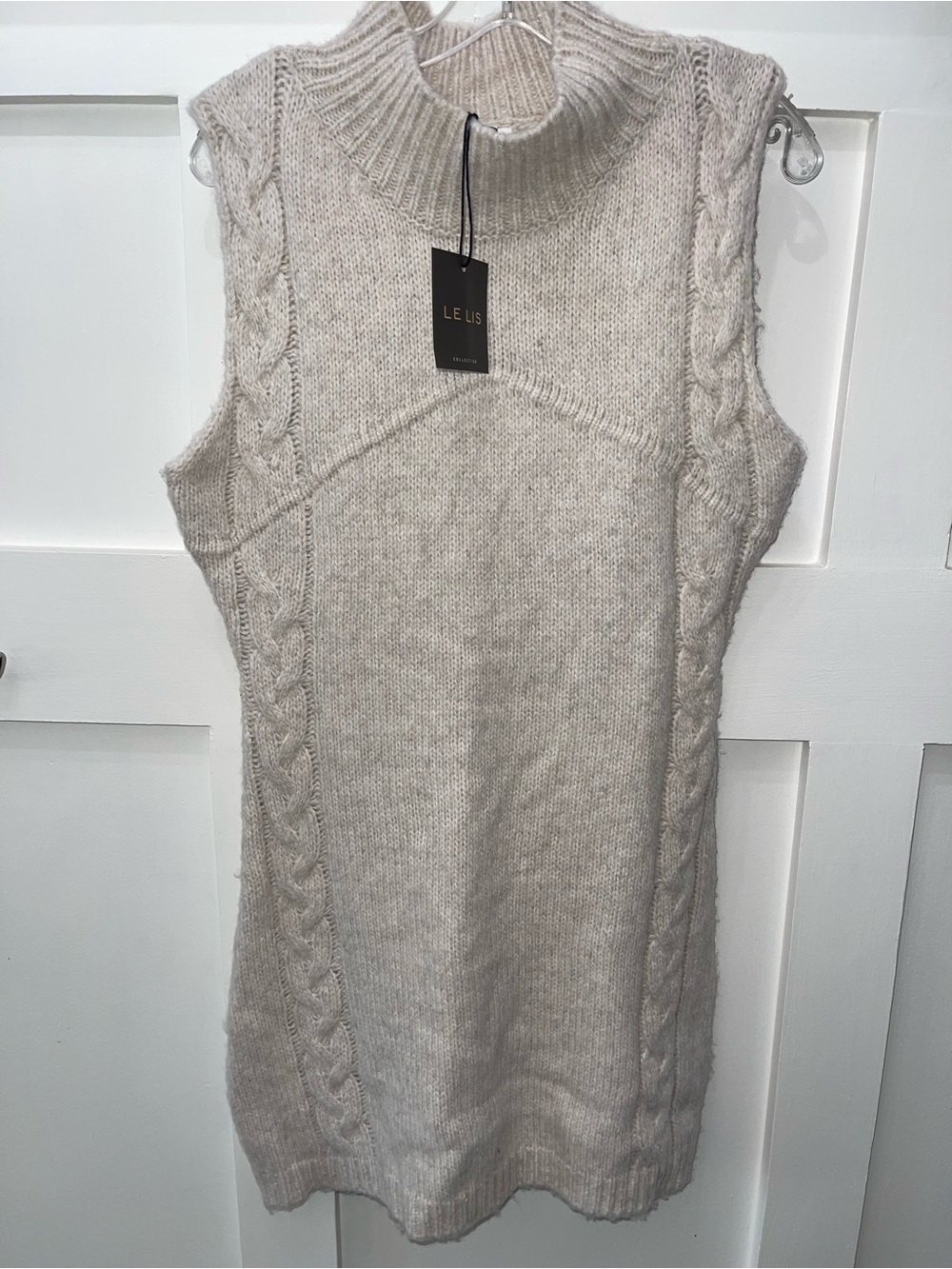 LE LIS Ivory Wool Cable Knit Sleeveless Mock Neck Sweater Dress Pullover Large